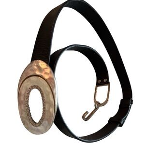 CHICO’S leather belt, size S/M, hammered gold tone with rhinestones buckle.Black